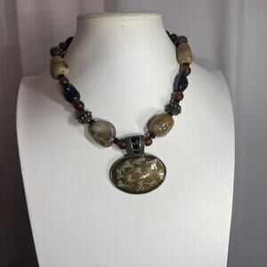 Chico's burnished gold tone beaded necklace natural stone signed costume jewelry